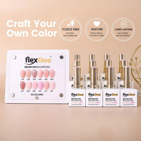 FlexOne brush-on builder gel set with color swatches and product packaging on a beige background