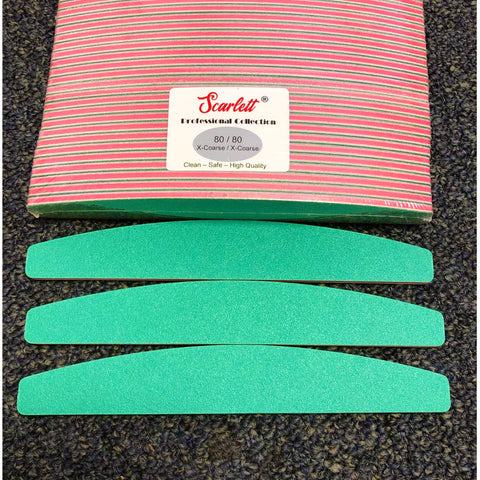 Premium Nail File - Green 80/80 Coarse Grit - HALF MOON. The best durable nail file for acrylic nails and artificial false nails.