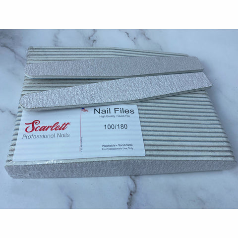 180 grit nail files - Medium coarse and medium sharp. Ideal for: Filling artificial nails and smoothing up the free edge of natural nails.  100 grit nail files - Coarse and sharp. Ideal for: removing poly nail gel, gel polish, acrylic nails.